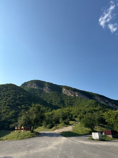 The image shows a scenic view of a mountain range covered in lush green trees, with a clear blue sky above. In the foreground, there is an asphalt road leading towards the mountains. To the left of the road, a small wooden house with a dark roof is nestled on a grassy slope, with a large tree beside it. Further to the right, there are some metal fences and a white stone structure. A dirt path is visible winding up the side of the mountain, disappearing into the trees. The overall scene is peaceful and natural, suggesting a rural or mountainous location.