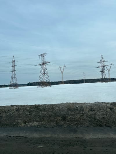 The image displays a static winter landscape in Bol'shaya Mos', Russia, under an overcast, light grey sky. The foreground consists of a dark, textured, snow-dusted road shoulder. Beyond this, a vast, flat field covered in undisturbed white snow extends towards the horizon. Embedded within this snow-covered field are at least five electrical transmission towers (pylons) of varying lattice-steel designs and heights. Multiple power lines are visible extending horizontally between and connecting these structures. A dark, dense line of coniferous trees marks the distant horizon, bordering the field. No individuals, animals, or active movements are discernible within the scene. The overall color palette is dominated by whites, greys, and muted greens/browns from the distant forest.