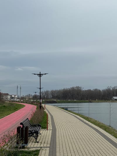 The image shows a section of the promenade along the Kuban River in Kurganinsk, Russia. A paved walkway constructed of beige and gray interlocking pavers runs along the river's edge. To the right is a body of water that appears to be a river or lake, with trees lining the opposite bank. A decorative street lamp with a cross-shaped design is visible along the edge of the path.
To the left of the walkway, a red walking path runs parallel. A black wrought iron bench with wooden slats sits adjacent to the walkway. Beyond the red path, grass is visible, followed by buildings in the background. The sky is overcast, indicating a cloudy day.