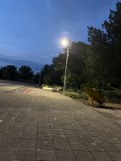 The image depicts an outdoor urban scene at dusk or dawn in Saedinenie, Bulgaria. The sky is a gradient of dark blue, with lighter tones near the horizon and darker overhead, exhibiting minimal cloud cover. Multiple power lines traverse the upper portion of the frame. A single, bright streetlamp on a utility pole, slightly left of center, illuminates the immediate vicinity, casting a yellowish glow on the paved foreground and nearby vegetation.

The ground in the foreground is covered with square concrete paving slabs featuring a repetitive cross-hatch pattern. To the left, an asphalt road with red and white dashed lines, indicative of a pedestrian crossing or marked zone, is visible. To the right of the paved area, a section of dirt ground borders a landscaped green space.

In the mid-ground, a yellow utility pole with the prominent streetlamp stands. Two small, colored public benches are present: one yellow with a blue back is partially visible behind the utility pole, and another, yellow with a red back, is situated further right, adjacent to a planter box filled with colorful flowers. A large, yellow, perforated metallic object resembling an aerial bomb or capsule, mounted on a stand, occupies the right side of the paved area. This object features visible text on its side and fins at one end. Dense green foliage, comprising trees and bushes, lines both sides of the scene and forms the background, appearing dark due to the low light. No individuals or active interactions are present in the frame.