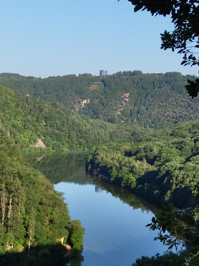 The image shows a panoramic view of the Saarschleife, a horseshoe bend in the Saar River, near Mettlach, Germany. The river dominates the foreground, reflecting the clear blue sky and the surrounding lush green forests. The steep, tree-covered slopes rise on either side of the river, forming a dramatic natural landscape. In the distance, perched on a hilltop, is a modern building complex with a distinctive architectural design. A narrow road or path is visible along the riverbank in the lower left of the image, partially obscured by trees. The overall impression is one of a serene and picturesque natural setting, with a striking man-made structure overlooking the landscape.