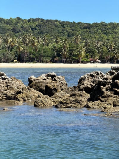 The image depicts a tropical coastline with a clear blue sky and lush green vegetation. In the foreground, weathered rocks emerge from the clear, turquoise water. Beyond the rocks, a sandy beach is visible, lined with numerous palm trees. The background is dominated by a dense, tree-covered hillside. A few small buildings and beach umbrellas can be spotted along the shoreline. The scene suggests a peaceful, natural environment. The image is taken in Baan Thong Krut, Thailand.
