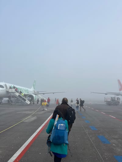 The image shows an airport tarmac in Schönefeld, Germany, on a foggy day. Passengers are disembarking from a Transavia aircraft via stairs connected to the plane's door. The fog obscures the background and surrounding structures. Additional passengers are walking away from the aircraft, following a marked path on the tarmac indicated by blue rectangles. Other planes are visible in the background. People are carrying bags and wearing various clothing, suggesting different levels of weather protection. The tarmac has painted lines and markings indicating aircraft taxi routes and safety zones.