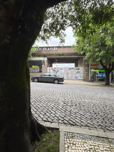 The image captures a street scene in Guimarães, Portugal, partially framed by a large tree trunk in the foreground covered with moss. A dark-colored car is parked parallel to the curb on a cobblestone street. The buildings lining the street feature graffiti and architectural details, including a sign reading "RECIO VILA-FLOR." A commercial establishment with glass storefront is also visible. The overall environment appears overcast.
