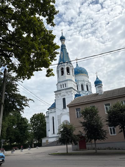 The image shows the Gatchina Cathedral of the Sign, a Russian Orthodox cathedral in Gatchina, Leningrad Oblast, Russia. The white cathedral features blue domes and spires, topped with Orthodox crosses. The cathedral is partially obscured by a large tree with green leaves in the foreground on the left, and a brown building with several windows and a red door on the right. The sky is overcast with white clouds. In the background, there are more trees and power lines. On the street in front of the cathedral, there are several people walking, some benches, and planters with flowers. A blue car is visible on the left side of the road.