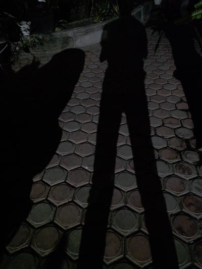 The image shows a sidewalk paved with hexagonal tiles, illuminated by artificial light, casting long shadows. In the foreground, a prominent shadow of a person, seemingly standing, is cast on the tiles. To the left, another larger shadow, possibly of a person or an object, is visible. In the background, dark foliage and a concrete structure are partially discernible. The scene is captured at night, suggesting an outdoor location in Bireuenmeunasahblang, Indonesia.