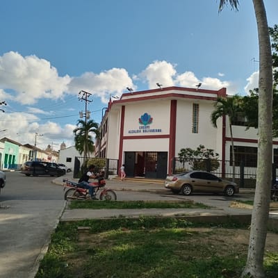 The image depicts a street scene in Duaca, Venezuela, likely in front of the "Crespo Alcaldia Bolivariana" building. The building is white with a red trim and features a large logo with the text "CRESPO ALCALDIA BOLIVARIANA" above double doors. A person in a pink shirt and pants is walking towards the building entrance. To the left of the building, a black minivan is parked on the street. Further down the street, several colorful, colonial-style buildings are visible. A motorcycle with two occupants is in the foreground, parked on the right side of the street. To the right of the building is a parked gold sedan. A mature palm tree trunk is prominently positioned in the right foreground. The sky is blue with scattered white clouds. Electrical wires and utility poles are visible throughout the scene, typical of a Venezuelan urban environment.