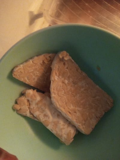 A close-up, top-down forensic view shows three pieces of light tan, textured tempeh resting inside a light teal-colored bowl. Two tempeh pieces are roughly triangular or wedge-shaped, while a third, more elongated piece is partially visible beneath them. The tempeh exhibits a visible texture consistent with compacted soybeans. The background, out of focus in the upper right quadrant, appears to be a light beige surface with subtle linear patterns, possibly part of a countertop or packaging. The scene is illuminated by indirect indoor lighting. No people or actions are depicted. The observed location is within the city of Kanpur, India.