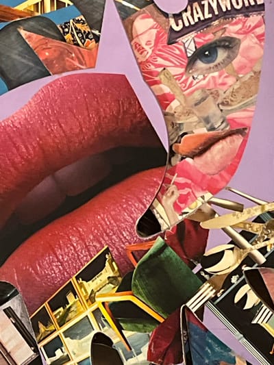The image is a close-up collage of various images pieced together on a light purple background. Dominating the lower portion of the collage is a large image of lips, colored in vibrant red, with a dark recess suggesting an open mouth. Above the lips, a collage element displays an eye on a pink patterned background with the text "CRAZYWORT" in black on a white background. The upper right portion features a mix of cut-out images, including striped and geometric patterns, with what appears to be a green velvet chair depicted among the elements. Other images in the collage include cutlery, and several architectural structures.
Without additional information, it's impossible to provide any specifics about a location in Santiago de Surco, Peru.