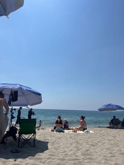 The image shows a beach scene in Brisas de Zicatela, Mexico. The beach is sandy, with a few people enjoying the sunshine. Some individuals are standing near the water's edge while others are sitting on towels or chairs. Several blue beach umbrellas provide shade, casting shadows on the sand. A green folding chair sits next to an occupied beach umbrella. The water is calm and the sky is clear.