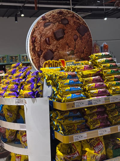This media file depicts a retail setting, likely a supermarket aisle in Kuala Lumpur, Malaysia, judging by the presence of product labels in English and Malay, and prices indicated in RM (Malaysian Ringgit). The focal point is a display of snack products, primarily chocolate chip cookies and biscuit bars.
The products are neatly arranged on shelves and in hanging displays. Many of the packages feature the brand name "More!" and variations like "Chips!" and "Mini." Text visible on the packaging and shelf labels includes prices such as "4.30 RM" and product descriptions like "ORIGINAL," "HAZELNUT," and "DOUBLE DOC." Some labels also include codes and brand identifiers like "NSK."
In the foreground, a large circular advertisement for a chocolate chip cookie is prominent, showcasing a close-up of a cookie with visible chocolate chunks. The overall lighting suggests an indoor environment, possibly illuminated by store lighting, with no clear indication of time of day or weather. The scene is characterized by an abundance of commercially displayed goods, typical of a grocery or convenience store environment. There are no people visible in the frame.