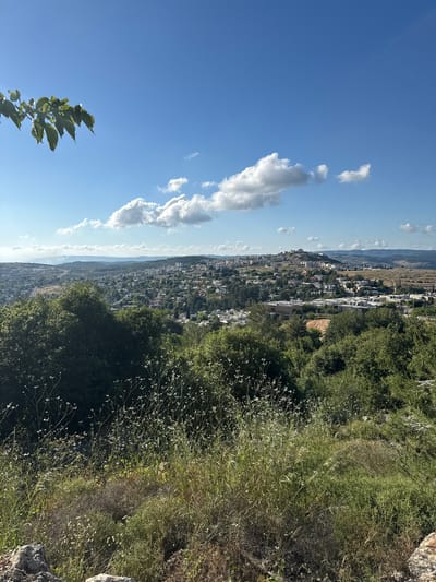 The image shows a view overlooking the city of Kfar Vradim, Israel, from an elevated position. The sky is blue with scattered cumulus clouds. Below, the town is densely built with houses and other structures. Lush green vegetation dominates the foreground and right side of the frame. The composition suggests a landscape perspective from a higher vantage point within the town itself or nearby. No people are visible in the image.