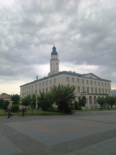 The image shows a cloudy day in Drohobych, Ukraine, featuring a large, light-colored building with a prominent clock tower. The building appears to be a public structure, possibly a town hall or administrative building, with many windows and classical architectural elements. In the foreground, a paved square with intricate stone patterns is visible. A lone man in a plaid shirt and jeans walks across the square, facing left. Several green trees are planted in front of the building, and a fire hydrant is present on the left side of the square. The sky is heavily overcast with grey clouds, suggesting a temperate or possibly humid climate. The overall scene is one of a quiet, urban environment under a somber sky.