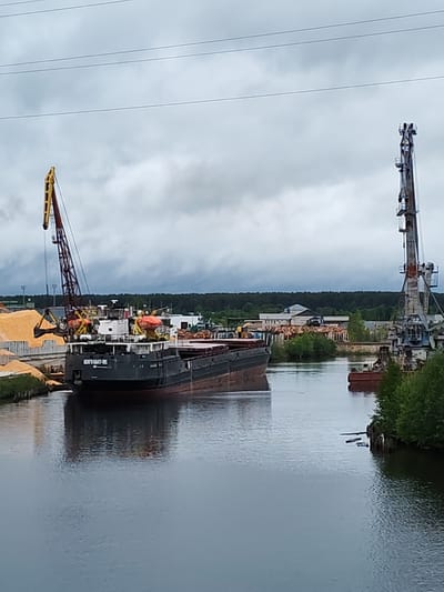 The image shows a river scene in Depo, Russia, under a cloudy sky. A large black barge labeled "RGYA-BGYAT-105" is docked, with a yellow and red crane scooping material, likely grain, into it. Another large crane is visible on the right bank. Trees and industrial buildings are present in the background. The river is relatively calm, reflecting the overcast sky.