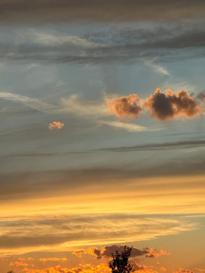 This is a vertically oriented photograph of a sunset sky over Struino, Bulgaria. The scene is dominated by dramatic cloud formations illuminated by the setting sun.

On the left side of the image, the sky transitions from a muted blue-gray to darker shades, with wispy cirrus clouds streaking across. A few small, darker clouds with hints of orange are visible, appearing as if they are in mid-air.

The central and right portions of the image are awash in vibrant golden-orange hues, characteristic of a sunset. Long, striated clouds are layered, creating a sense of depth and movement. Towards the far right, the clouds are more textured and brightly lit with fiery oranges and reds, suggesting they are closer to the horizon and catching the last direct rays of sunlight. A silhouetted tree canopy is partially visible at the extreme right edge of the frame, further indicating the presence of land and a terrestrial setting.

The overall impression is one of natural beauty and tranquility, with the striking colors of the sunset evoking a sense of awe and the end of the day. There is no visible text in the image. The time of day is clearly sunset. The weather appears to be clear with scattered clouds.