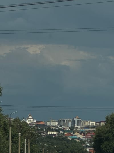 This media file depicts a distant view of a city skyline in Dorodny, Russia. The image is oriented vertically, with the cityscape appearing on the right side against a hazy, blue sky. Several power lines run diagonally across the left portion of the frame, creating a strong linear element.
The cityscape is characterized by a collection of buildings, including what appear to be modern multi-story structures mixed with older, lower-rise buildings with pitched roofs. One prominent building in the mid-ground has a distinctive pyramid-like roof. The architecture suggests a developing urban area. Dense green foliage, likely trees, borders the cityscape on the right, obscuring some of the lower portions of the buildings and creating a natural foreground element.
The lighting suggests it is daytime, possibly late afternoon or early morning, given the soft light and muted colors. The sky is mostly overcast with some patches of white clouds, indicating fair to partly cloudy weather. There are no visible people or specific activities depicted; the focus is on the static view of the urban landscape and the surrounding natural elements. No text is discernible within the image.