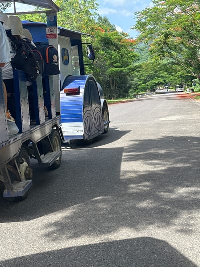 An outdoor scene in Khanh Vinh, Vietnam, features a blue and white train-like vehicle on a paved road. The vehicle has multiple open-air passenger cars with visible metal railings and some passengers. One car is closer to the camera, showing its wheels and a step. Behind it, another car with decorative blue panels and a taillight is visible. The road is lined with lush green trees, some with red flowers, and a hill can be seen in the background. The sky is partly cloudy. The image appears to be taken from the perspective of someone on the moving vehicle.