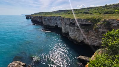 The image depicts a coastal scene in Kamen Bryag, Bulgaria. A layered, beige-colored cliff extends along the coastline, topped with green vegetation. The turquoise water of the Black Sea is visible below, reflecting sunlight. Several rocky formations are present in the water near the base of the cliff. Vegetation, including shrubs and grasses, is visible at the edge of the cliff in the foreground.