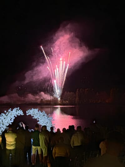 At night, a crowd of people are gathered by a body of water, facing a display of fireworks. The fireworks are a vibrant pink and white, illuminating the dark sky with their bright explosions. The water reflects the light from the fireworks, creating a shimmering effect on the surface. In the foreground, a decorative archway made of white flowers frames the scene. The people are mostly silhouetted against the bright light of the fireworks, but some details of their clothing and postures can be discerned. The overall atmosphere is festive and celebratory. It is unknown if the event is in the city of Razliv, Bulgaria.