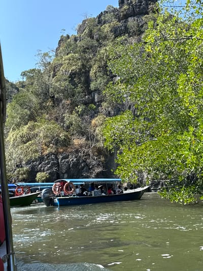 A boat crowded with people glides along a river, its blue and white hull contrasting with the greenish-brown water. The boat is parallel to a rocky cliff face covered in lush vegetation. Some of the passengers are visible in the boat, and a couple of orange life preservers are visible on the side. White foam marks the water's surface, reflecting sunlight. Some of the camera's equipment is visible in the foreground.