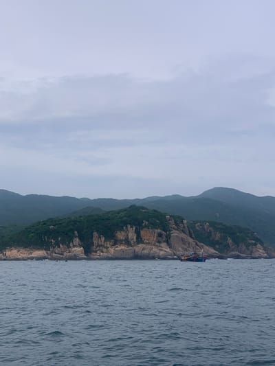 The image depicts a scenic view of the sea and coastline in Vinh Hai, Vietnam. The foreground is dominated by the choppy, dark blue waters of the ocean, with ripples and small waves suggesting a moderate breeze. In the middle ground, a rocky, green-covered island juts out from the sea. The island's coastline is characterized by steep, rugged cliffs of a light brown and gray color, with patches of vegetation clinging to their surfaces. The top of the island is densely covered with lush green trees. A small, blue and yellow fishing boat is visible in the water to the right of the island. In the background, a series of misty, green mountains rise, their peaks softened by the atmospheric haze. The sky above is overcast with light gray clouds, creating a diffused, soft light across the entire scene.