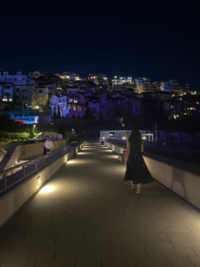 A nighttime exterior shot captures a pathway leading towards a hillside residential area in Gošići, Montenegro. The pathway is illuminated by inset lights along its edges and is paved with patterned stones. A woman wearing a dark, flowing dress walks away from the camera down the pathway, her feet adorned with sandals. Further ahead on the pathway, another individual, dressed in a white shirt and dark shorts, is walking in the opposite direction. In the background, a cluster of multi-story buildings with illuminated windows are visible on the hillside, against a dark night sky. Some of these buildings are bathed in soft purple and white light. To the left of the pathway, a stone wall is visible, bordering some greenery and a white van with red and blue lights.