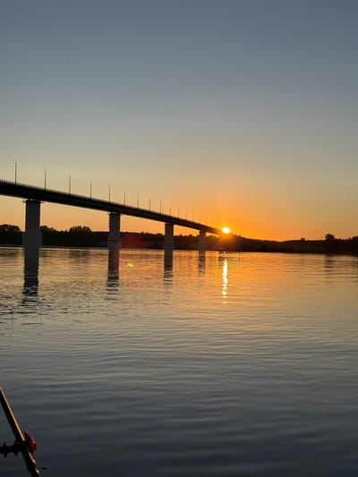This is a full, eye-level, landscape, vertical shot of a bridge over a body of water at sunset. The bridge is the primary subject, spanning horizontally across the frame with a dark asphalt roadbed, illuminated streetlights, and sturdy white support columns. The sunset is visible behind the bridge, with the sun appearing as a bright orange orb partially obscured by the bridge structure, casting a warm, golden glow across the sky and water. The water's surface is calm, with gentle ripples reflecting the colors of the sunset and the bridge. On the far bank, silhouetted trees and the landscape are dimly visible against the brightly lit sky. In the foreground, a portion of a fishing rod is visible on the left side of the frame, with its tip pointed downwards towards the water. The overall atmosphere is serene and picturesque. The bridge is the Kambarka Automobile Bridge, located in Kambarka, Russia.