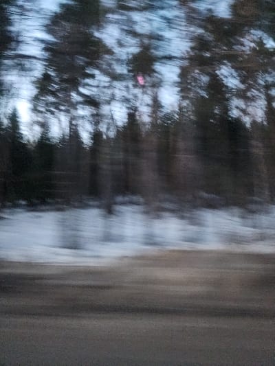 This heavily motion-blurred image depicts a roadside environment in Kremyonki, Russia, likely captured from a moving vehicle. The lower approximately one-quarter of the frame shows a dark, horizontally streaked surface consistent with an asphalt road. Above this, a band of white, heavily blurred horizontally, indicates snow coverage along the roadside. The upper two-thirds of the image are dominated by a dense treeline or forest, appearing as dark, vertically elongated silhouettes against a lighter, bluish-gray sky. The foliage and branches of the trees are extensively blurred in a horizontal direction. A distinct, small pink or magenta light source or artifact is visible within the upper-middle section of the treeline. No individuals, specific actions, or interactions are discernible within the frame. The lighting suggests overcast conditions or twilight.