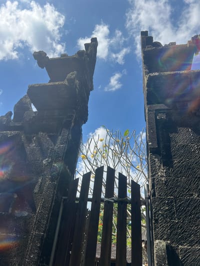 The image depicts a low-angle view of an ornate stone gateway under a bright blue sky with scattered white clouds. The gateway is constructed from dark, textured stone blocks and features elaborate carvings at the top. A wooden gate, made of vertical planks tied together with rope, is visible in the foreground. Beyond the gate, a bare tree with yellow flowers and green leaves stands against the sky. The location is identified as Selemadeg, Indonesia.