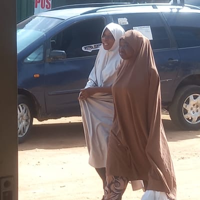Two women stand together in Sardauna, Nigeria, next to a dark blue minivan. The woman on the right wears a brown hijab and patterned pants. The woman on the left wears a white hijab and a light gray garment. They are holding hands and smiling. The minivan is parked on a street next to a beige-colored wall. "POS" is visible on a sign near the minivan. The ground is tan and appears to be dirt or sand.