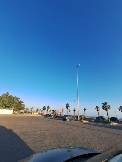 This is a photograph taken in Safi, Morocco, likely during the daytime given the bright, clear blue sky. The image is oriented vertically, with the majority of the frame filled by the sky, which transitions to a lighter hue near the horizon.
The foreground shows a paved walkway or road made of interlocking grey bricks, with some red lines running through it. On the right side of the frame, the edge of a vehicle's dark-colored exterior is visible, reflecting the sky.
To the left of the paved area, a line of palm trees is visible, extending from the middle ground towards the background. These trees suggest a coastal or warmer climate. A few streetlights are also present along the roadside.
In the background, there are more trees, some parked cars, and a glimpse of buildings. One of the vehicles, a black van, has text on its side that is partially visible and appears to read "CAFÉ DES ARTS" and "SAFI". The presence of the van and the setting along a road with palm trees suggest a public area, possibly a promenade or a street near a beach or tourist area.
The overall scene conveys a sense of a bright, sunny day in a coastal Moroccan city. There are no people clearly visible, and the focus is on the landscape and the infrastructure of the area.