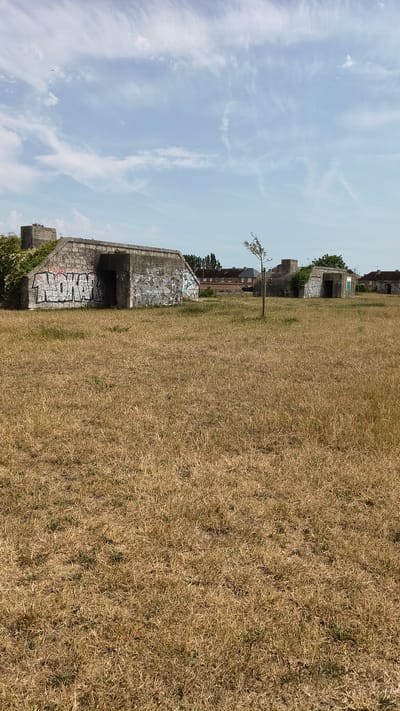 A vertical, eye-level shot captures a dry, grassy field under a pale blue sky with wispy white clouds. Several concrete structures, possibly bunkers, are scattered across the field. The closest bunker, on the left, is partially covered in graffiti, including a large tag that reads "NUKAR". Another bunker is visible in the mid-ground to the right, also showing signs of graffiti. In the background, residential buildings with red tile roofs and trees are present. A lone, slender tree stands in the middle of the field between the closest and mid-ground bunkers. The overall impression is of a derelict or abandoned area with hints of urban structures in the distance. It is likely located in a less developed area near Calais, France, possibly a former military site.