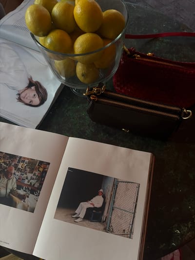 A high-angle, medium shot captures a still life arrangement on a dark, mottled green surface, likely a table. In the foreground, a partially opened book displays two photographs. The left-hand photo shows a man with glasses holding a glass, seated in a room with a collage of images on the wall behind him. The right-hand photo features a man in a white hat and outfit, seated in front of a chain-link fence and a brick wall. To the left of the book, a glass bowl overflows with lemons, positioned on top of an open magazine featuring a portrait of a woman. To the right of the lemons, two dark leather pouches with gold zippers are stacked, one with a woven texture and a red strap. The scene is dimly lit, with shadows and highlights suggesting ambient light from an unseen source. The location is not identifiable within the image.