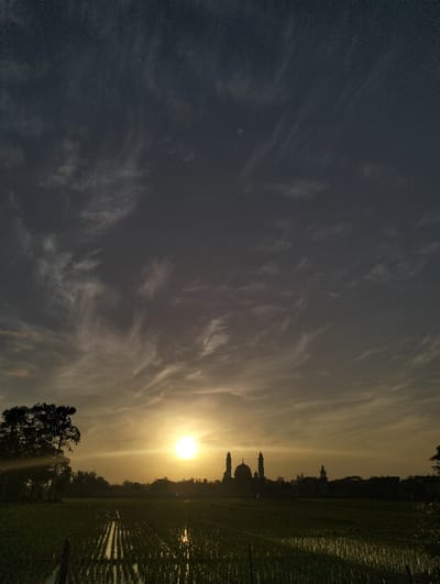 At sunset, a silhouette of a mosque stands against the bright sun, casting a glow across the sky. Below, a field of crops is visible, their rows reflecting the sun's light in parallel lines. A tree stands to the left, its leaves darkening against the fading light. The sky is filled with wispy clouds.