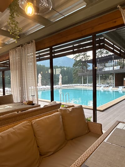 A wide shot captures an indoor lounge area with a view of an outdoor swimming pool and surrounding natural scenery. In the foreground, comfortable, light brown upholstered sofas and wicker armchairs are arranged around low tables, suggesting a seating area for relaxation or dining. Sheer white curtains hang near the glass windows.
The glass enclosure offers a clear view of a large, vibrant blue swimming pool. Numerous empty lounge chairs are neatly arranged around the pool, and several partially submerged loungers are visible within the water. The pool area is bordered by a wooden deck and leads towards a multi-story wooden structure with balconies and covered areas, blending into a dense forest of green trees and distant mountains. The sky appears overcast.
The image is a photograph taken from within a covered establishment, possibly a resort or a restaurant, looking out onto a recreational area. The overall impression is one of tranquil leisure in a natural setting.
