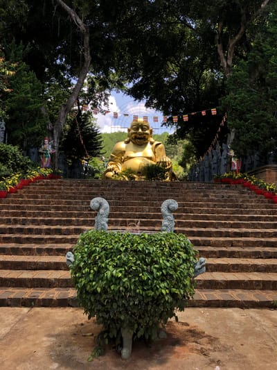 A golden statue of the laughing Buddha sits prominently at the top of a wide, steep stone staircase. The Buddha is seated, with a joyful expression and outstretched hands resting on his belly. The staircase is flanked by rows of red planters filled with yellow flowers on the left and a line of stone statues on the right, some of which appear to be soldiers or deities. At the bottom of the stairs, a circular planter overflowing with lush green foliage sits in the foreground, adorned with two small, stone dragon-like figures. Above the Buddha, colorful prayer flags are strung between trees and a large, white, circular structure, possibly part of an observation wheel or a decorative arch, is visible in the background against a bright blue sky with scattered clouds. Tall, mature trees with dense foliage frame the scene, casting shadows. The overall setting appears to be a temple or a spiritual site, likely located in Nam Ban, Vietnam, given the context of the Buddha statue and prayer flags. The ground is a reddish-brown dirt or concrete.