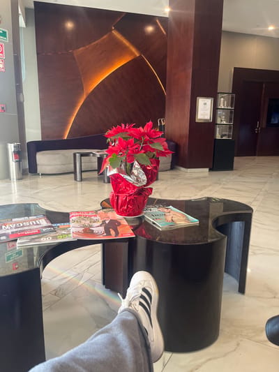 This image depicts the interior of a modern hotel lobby, specifically identified as the Hotel Misión Express Irapuato, located at Blvd. Solidaridad #13900 Col. Lázaro Cárdenas, Irapuato, Guanajuato, México, based on visible magazine titles and hotel branding.

The scene is viewed from a low perspective, showing the lower left leg of an individual wearing gray sweatpants and a white Adidas Superstar sneaker with black stripes, resting in the lower right portion of the frame. In the immediate foreground, a dark, irregularly shaped coffee table, likely made of wood or a dark composite material with a reflective surface, occupies the central space. On the table's left, a stack of magazines includes titles such as "BUSCAN" and "IRAPUATO." To the right, another magazine, "ANYEL," displays a person on its cover. A potted poinsettia plant with vibrant red bracts, wrapped in red metallic foil with a silver inner lining, sits centrally on the table. A subtle rainbow-colored light refraction is visible on the polished light-colored marble floor beneath the table.

In the mid-ground, a curved, light gray upholstered sofa or bench is positioned against a wall, with a small, dark rectangular table in front of it. The primary background feature is a large, dark wooden wall panel with several curved, abstract segments, some of which are backlit with a warm, amber light. To the right of this feature, a substantial dark wooden pillar stands, bearing a silver-framed sign with a white background and a black "M" logo, consistent with the Hotel Misión brand. Adjacent to the pillar is a display case containing three glass shelves holding various small, indistinct objects. Further right, a dark wooden door is partially visible. On the far left, a silver trash receptacle and a white sign with green "SALIDA" (Exit) text and a green arrow, along with red "EMERGENCIA" (Emergency) text, are affixed to a light gray wall. The floor throughout the lobby is composed of polished light-colored marble or tile with a subtle veining pattern. Overhead, recessed lighting illuminates the space. No other individuals are visible.