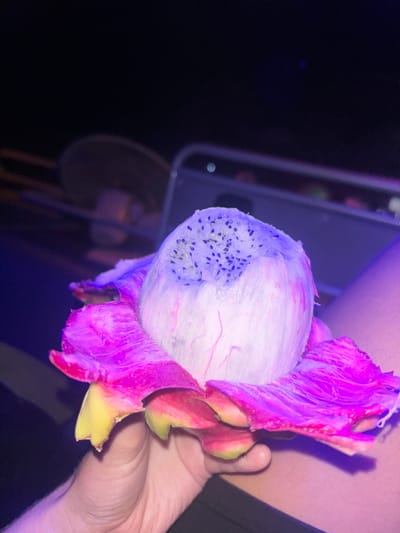 A partially peeled dragon fruit with white flesh and visible black seeds is held in a human hand, illuminated by strong purple/magenta ambient light. The fruit's vibrant pink/magenta skin is splayed open, revealing some greenish-yellow elements near its base. The top portion of the fruit's flesh appears to have been partially consumed or scooped. To the right, a dark-skinned leg is partially visible. The background is dark and out of focus, showing indistinct shapes including a blurred circular object (possibly a hat or plate) and a rectangular, reflective object (possibly a tray or cooler) on a dark surface. The scene takes place in Lang Suan, Thailand.