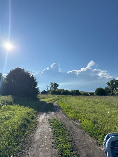 This is a vertical, eye-level shot of a dirt road winding through a green, grassy field under a bright blue sky with scattered white clouds. The sun is visible in the upper left corner, casting a lens flare. In the middle ground, a small, dark, wooden structure, possibly a shed or a small house, is partially obscured by trees and vegetation. The road is somewhat uneven with patches of mud and grass growing on its edges. In the foreground, a portion of a blue stroller or carrier is visible on the right side of the image. The scene appears to be rural, consistent with the location of Varzi-Omga, Russia, a village known for its natural landscapes. The overall impression is one of a sunny day in a peaceful, outdoor setting.