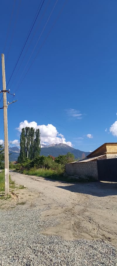 The image depicts a scene in Barskoon, Kyrgyzstan, featuring a dirt road leading towards a mountainous landscape. A concrete utility pole with wires stands on the left side of the road. The road is unpaved, covered with gravel and dirt, and shows signs of tire tracks. To the right of the road, a section of a cinder block wall is visible, topped with a wooden structure and a dark metal gate. Behind the wall, a building with a wooden roof and yellowish brickwork is partially visible. Lush green vegetation, including trees and bushes, grows along the road and behind the structures. In the background, a range of mountains forms the horizon, with some of the peaks appearing snow-capped. The sky is a clear, vibrant blue with scattered white clouds. The overall impression is of a rural setting on a sunny day. There are no people or animals present in the image.