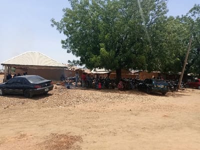 The image shows a scene in Zum, Nigeria, with the coordinates 10.116 latitude and 13.046 longitude. The scene takes place in a rural area with dirt roads and a few buildings. There are multiple people gathered under the shade of a large tree, some sitting, some standing, some conversing. There are multiple parked cars and motorcycles in the background. The main subject is a black car parked in the foreground, facing the camera.