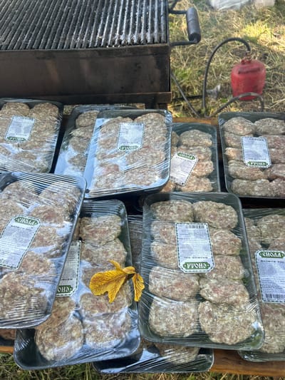 This media file captures an outdoor scene, likely in Lovets, Bulgaria, with a focus on pre-packaged meat products. The subjects are multiple trays of raw, oval-shaped meat patties, possibly kofta or meatballs, each wrapped in clear plastic. These trays are stacked on what appears to be a wooden surface or table.

In the foreground, the grates of a barbecue grill are visible, suggesting the setting is prepared for or has recently been used for cooking. To the left, a small, red, jerrycan-like object rests on the ground amidst dry grass. The overall scene has an earthy, rustic feel, with the natural texture of the grass and wood contrasting with the manufactured appearance of the food packaging.

The visible text on the labels of the meat trays is in Cyrillic script and indicates the product name "КЮФТЕ 90г" (Kyufté 90g), likely referring to the weight and type of meat patty. Other text includes production details like "Партида" (Batch), "Производител" (Manufacturer), and storage instructions. The presence of a yellow, fallen leaf on one of the trays adds a touch of natural detail, hinting at an autumn setting. The lighting suggests it is daytime, but the exact time is not discernible. The overall impression is one of preparation for a barbecue or an outdoor meal.