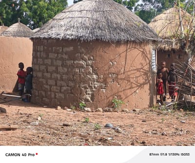 The image, taken in the city of Gidan Kogi, Nigeria, shows a group of children standing outside or near mud-brick, thatched-roof dwellings. Two children are partially obscured behind a hut on the left side of the frame. In the foreground and to the right of the main structure, three more children are visible within a doorway. The ground is dry and covered with debris and small vegetation. The structures appear to be constructed of local materials, with roughly textured walls and thatched roofs. A rudimentary fence or barrier of sticks is visible in front of the house on the right. The lighting suggests a sunny day.