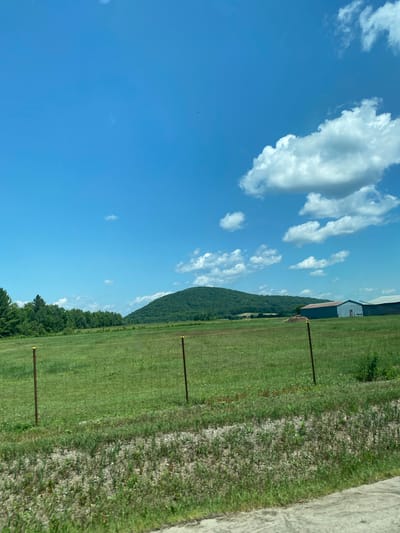 The image captures a serene rural landscape under a bright blue sky dotted with fluffy white clouds. The foreground features a grassy field with a wire fence and two brown posts. Beyond the field, a dense line of green trees forms a natural border. In the distance, a large, verdant hill dominates the horizon. To the right of the hill, two farm buildings with sloped roofs are visible. The overall scene is peaceful and idyllic, suggesting a clear day in a countryside setting. The image does not contain any people or active events.