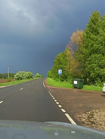 A road in Yemeshevo, Russia, leads toward a darkened sky with storm clouds. The road is flanked by green vegetation on either side. A blue road sign with a gas pump symbol and "300m" indicates the proximity of a gas station. A green dumpster is located near the sign. Utility poles line the horizon. A car is partially visible on the right side of the road. The scene is viewed from inside a vehicle, with the dashboard visible at the bottom.