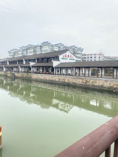 The image shows a canal in Hangzhou Shi, China (latitude: 30.481, longitude: 120.181). On the far side of the canal are several traditional-style buildings with white walls and gray tiled roofs. The buildings have a covered walkway along the canal, with a red sign reading "名鱼大*," and a smaller sign beneath in Chinese. The walkway has wooden railings and a stone wall. There are a few people on the walkway, but they are not visible in the image. The canal is wide and calm, with a green surface reflecting the sky and the buildings. The sky is overcast, and the photo is taken from a low angle, looking across the canal towards the buildings. The image is cropped slightly on the left and right sides. The canal is lined on the near side by a brown wooden railing, and the edge of the railing is visible in the lower right corner. A large, faded, reddish brown bollard is visible in the lower left corner of the image. There is no signage or other visual cues indicating which specific canal this is.