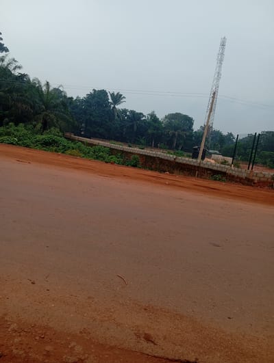This image shows a road in Imilike, Nigeria, with a telecommunications tower in the background. The road is made of reddish-brown dirt and asphalt. To the left of the road, there are lush green bushes and trees. A low brick wall runs along the edge of the property behind the bushes, with a water tank and some building materials visible over the wall. A tall, lattice-style telecommunications tower is the most prominent object in the background, with several communication dishes attached to it. The sky is overcast and pale grey. The overall scene suggests a rural or semi-urban setting, possibly under development.