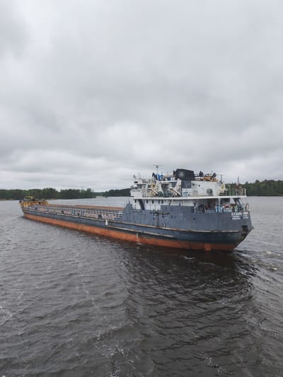 A large cargo ship, named "Kuzma Minin" is sailing on a body of water, with a coastline visible in the background. The ship is grey with an orange lower hull, and has people on the deck. The sky is overcast with grey clouds. The water is dark and choppy. The location is likely Nikol'skaya Gora, Russia, based on the ship's name and common Russian shipbuilding practices.