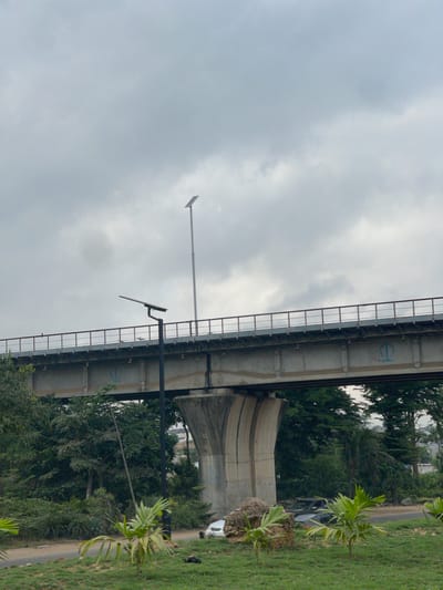 The image depicts a concrete elevated structure, likely a bridge or railway, running horizontally across the frame. Below the structure, lush green grass covers the ground, with several small palm trees scattered around. A road is visible to the right, bordered by more trees and vegetation. A dark-colored car is parked on the side of the road. In the sky, heavy clouds dominate, suggesting overcast or potentially rainy weather. Two streetlights are visible, one extending from the elevated structure and another detached, standing on a pole. The image appears to be taken during daylight. There is no visible text in the image. The orientation of the image is rotated 90 degrees clockwise.