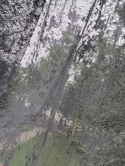The image displays a black, sheer fabric with a hexagonal mesh pattern, positioned close to the camera and obscuring the background. Through the mesh, a blurred outdoor scene is visible, consisting of greenery that appears to be trees and grass. There are also lighter areas suggesting possibly a sky or buildings. The fabric has folds and is draped, creating varying degrees of transparency. No people or specific objects are clearly identifiable within the scene due to the fabric's obstruction and the blurriness of the background. No information about the city of Rodniki, Russia, can be inferred from this image.